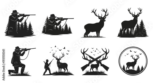 Hunting scene with deer and hunters a detailed silhouette on transparent background