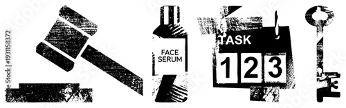 Gavel, serum bottle, calendar, key gritty halftone. Synonyms justice hammer, skincare vial, to do planner, master key.
