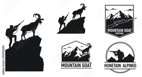 Mountain goat hunting scenes and badge designs on transparent background silhouette