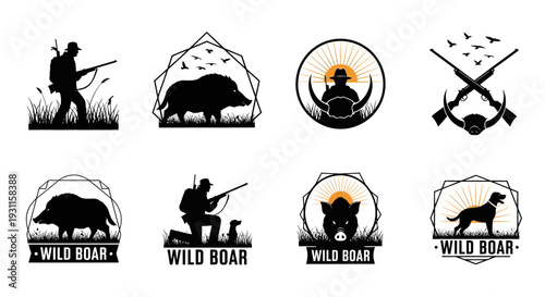 Hunting emblems featuring wild boars dogs and hunters on transparent background silhouette