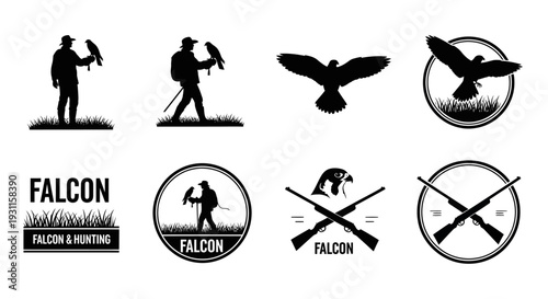 Falconry designs featuring hunters and birds ideal for logos on transparent background silhouette