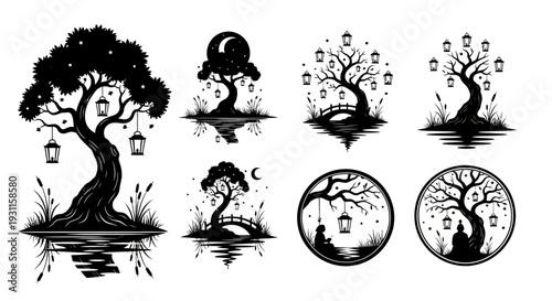 Magical trees with lanterns and moon a collection on transparent background silhouette