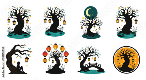 Mystical trees with lanterns and a crescent moon on transparent background silhouette