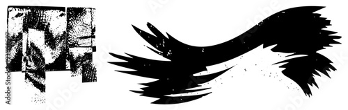 Silhouetted feathered wing with distressed texture, abstract block shapes, graphic design element, vector art, bold black silhouette.