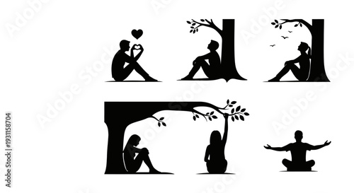 People interacting with trees in a black silhouette on transparent background