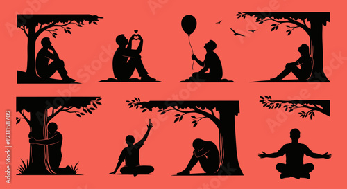 People interacting with nature in a black silhouette on transparent background