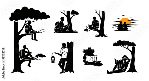Black silhouette scenes of people enjoying nature on transparent background