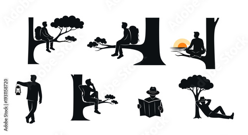 People enjoying nature scenes with trees and a sunset silhouette on transparent background