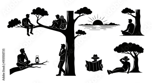 People relaxing in nature with trees and a sunset on transparent background silhouette