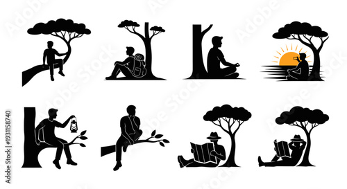 People relaxing under trees and enjoying nature black silhouette on transparent background