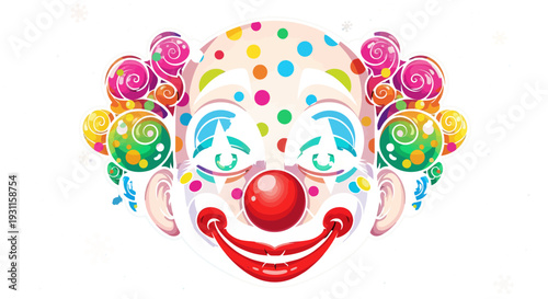Colorful clown face with swirling hair and a red nose silhouette on transparent background