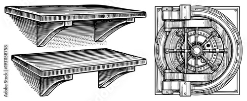 Classic wooden wall shelves with bracketed supports, bank vault door with locking mechanisms, architectural elements, security storage, vintage illustration style.