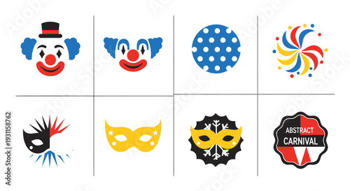 Carnival mask and clown icons set on transparent background silhouette