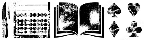 Retro abacus, open book with aged texture, classic card suits spade, heart, diamond, club stylized for design, gaming, education or finance themes.