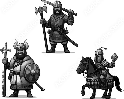 Fantasy Medieval Warriors in Chainmail and Plate Armor with Swords, Spears, and Round Shields