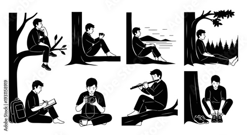 Contemplative figures in nature scenes a versatile graphic silhouette on transparent background