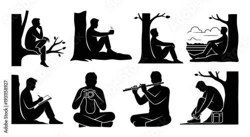 Relaxing people in nature scenes black vector graphics on transparent background silhouette