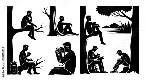 People enjoying nature in various poses on transparent background silhouette