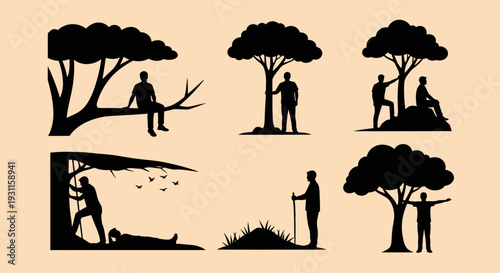 People interacting with trees in a black silhouette on transparent background