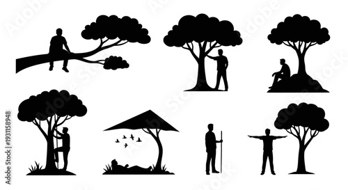 Black silhouette collection of trees and people on transparent background