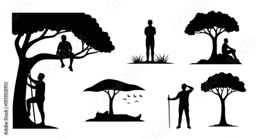 People interacting with nature scenes in a black silhouette on transparent background