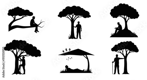 Black silhouettes of trees and people relaxing on transparent background