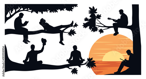 People relaxing outdoors with a sunset view on transparent background silhouette
