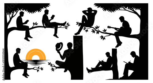 People relaxing in a park scene with trees on transparent background silhouette
