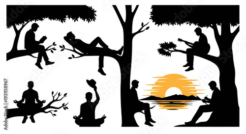 People relaxing and playing music in a tree landscape on transparent background silhouette