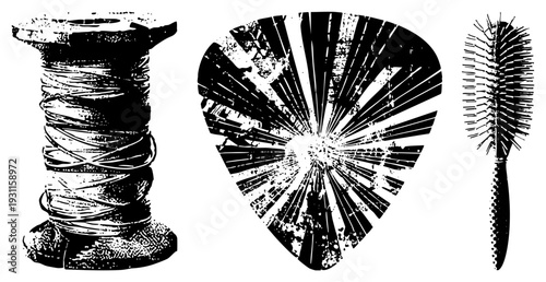 Classic black and white vector illustrations of a spool, pick, and brush, halftone texture, isolated, retro graphic design elements.
