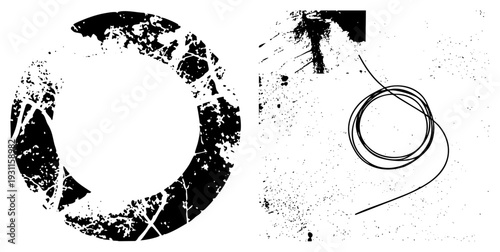 Broken circular shapes with splatter texture, minimalist loops, vector graphic, isolated symbols, halftone grain, modern art elements.