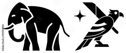 Abstract animal featuring elephant and hawk, minimalist vector art, flat design, symbolic creatures, modern logo elements, black silhouette style.