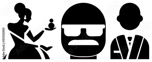 Abstract human profiles in silhouette, stylized woman holding orb, masked face, suit clad man, flat vector art, graphic design elements.