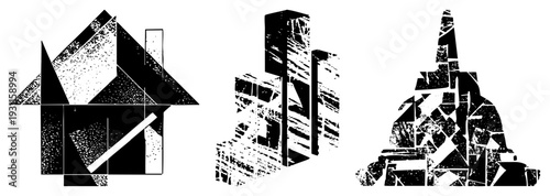 Abstracted cityscape rendered in fragmented halftone, urban architecture, silhouette, vector graphic, geometric shapes, design.