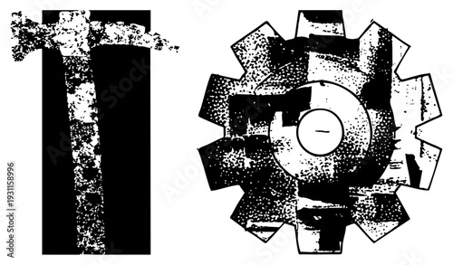 Rustic hammer with worn texture, industrial gear with toothed edges, mechanical symbols, vector illustration, black and white, halftone style, isolated elements.