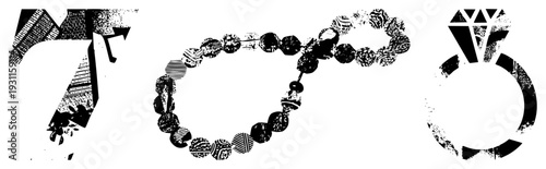 Stylized including numeral seven, beaded jewelry, and solitaire ring, rendered with gritty halftone texture, isolated vector art, artistic design elements.