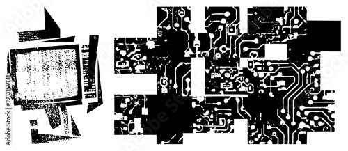 Stylized digital fragments, glitch art circuit, retro monitor graphics, vector tech motifs, pixelated tech design.