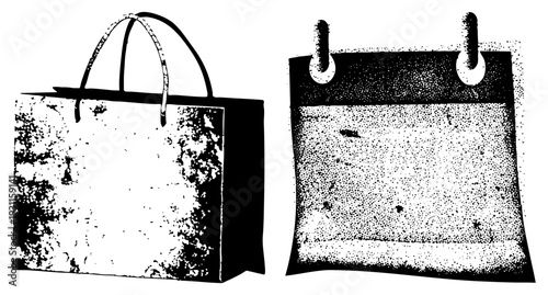 Black and white halftone shopping bag with handles, distressed texture, paired with calendar block, dotted shading, retro graphic design, isolated vector art.