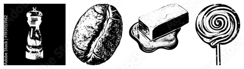 Coffee grinder for fresh grounds, roasted coffee bean, butter pat, spiral lollipop, all rendered in high contrast black and white vector style with halftone texture.