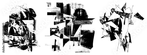 Dynamic collage of shattered shapes, halftone textures, and angular fragments, abstract composition, graphic design element, modern art motif, vector illustration.