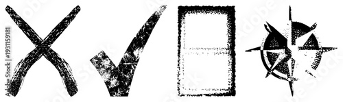 Distressed including, tick, window frame, compass rose, gritty brushstroke aesthetic, graphic design elements.