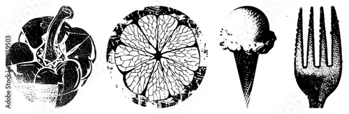 Black and white halftone vector graphics featuring garlic bulb, citrus slice, ice cream cone, and fork isolated food with textured and clean.