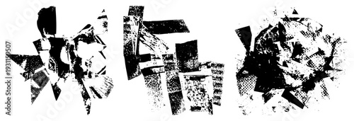 Fragmented black shapes with halftone dot, abstract collage, graphic design elements, vector art, textured, modern art composition.