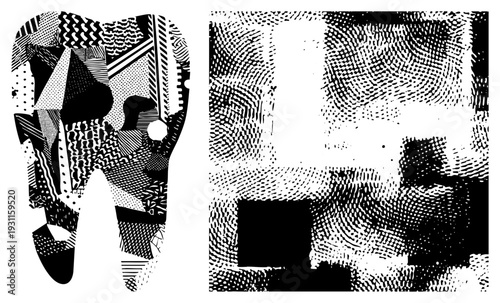 Graphic tooth design using halftone and stipple, geometric shapes, bold black and white contrast, stylized dental art, vector illustration.