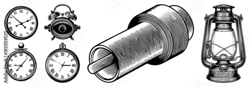 Antique clocks, alarm clocks, pocket watch, hourglass, oil lantern all rendered in precise black and white art, classic engraving style, historical timepieces.