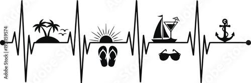 Heartbeat line with tropical island sailboat cocktail sunglasses anchor