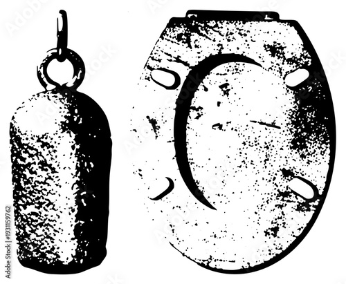 Rustic black and white vector illustration of antique horse hitching weight and horseshoe, distressed texture, equestrian gear, rural symbol, isolated graphic elements.