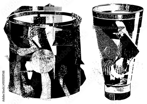 Geometric halftone forms in black and white, stylized vessel and cylindrical shape, graphic art with stippling texture, vector illustration, design.