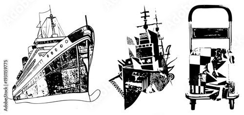 Black and white vector illustrations of maritime vessels and a dolly, rendered with halftone textures and bold, ideal for graphic design or print.