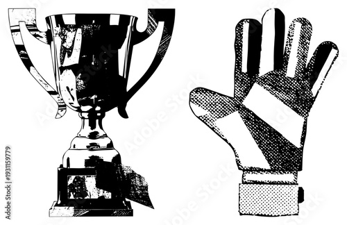 Football goalkeeper gloves with textured grip and striped design, paired with classic championship trophy, sports victory symbols, black and white halftone style, isolated vector graphics.